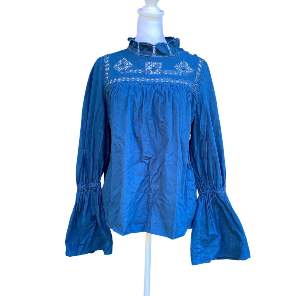 Free People Eyelet Embroidered Bell Sleeve Blue Blouse Medium Boho‎ Hippie Femme